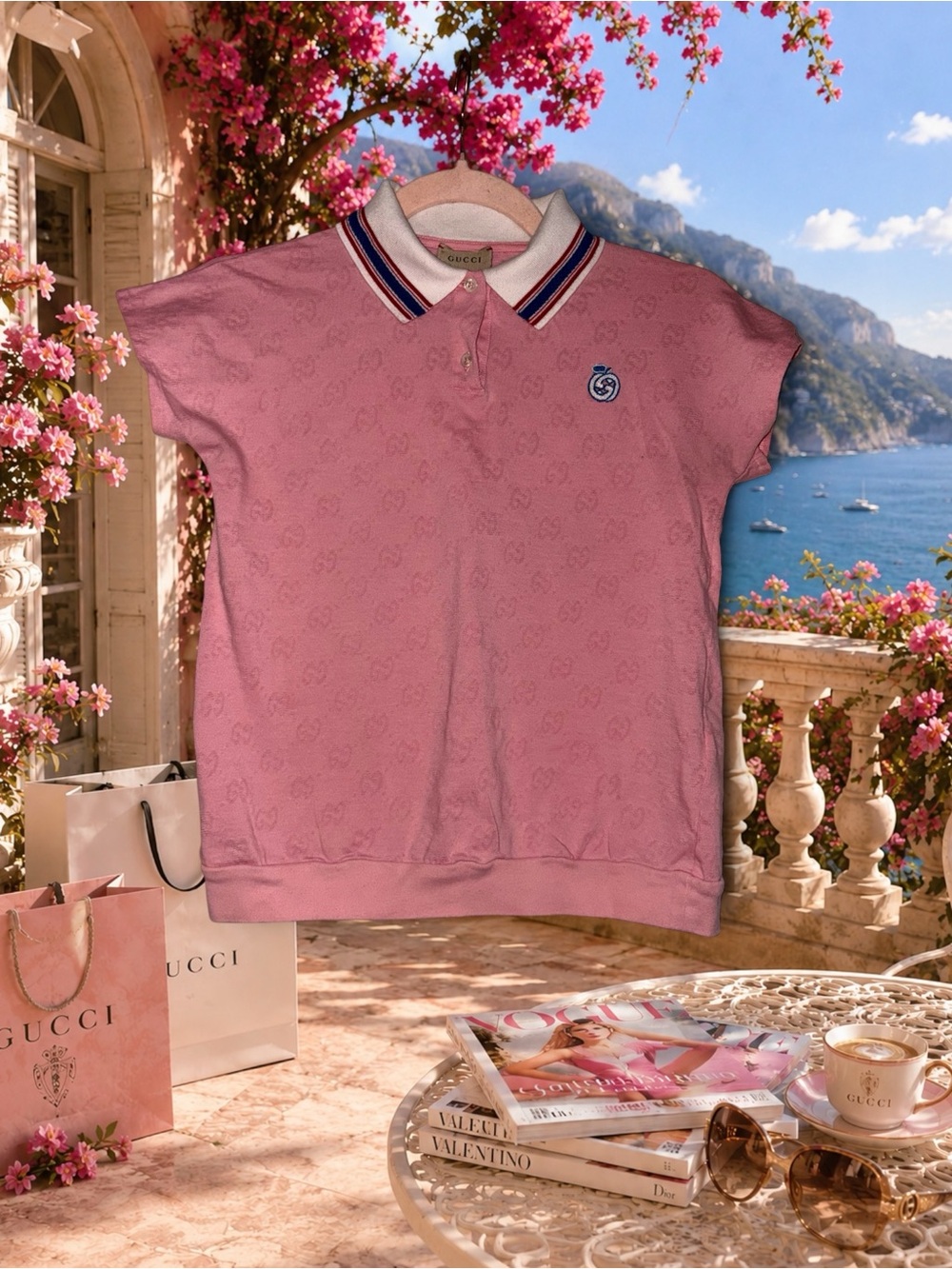 Gucci Kids GG Jacquard Polo Shirt Pink Cotton Girls Size 12